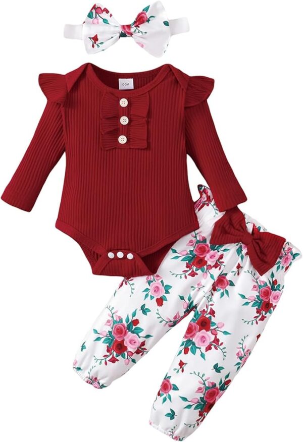 Baby Girl Clothes Newborn Infant Long Sleeve Ruffle Romper Floral Pants Outfit Set for 0-18 Months - Image 2