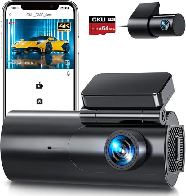 GKU Dash Cam Front and Rear Camera – 4K+1080P Dual Dash Camera for Cars with 64GB SD Card