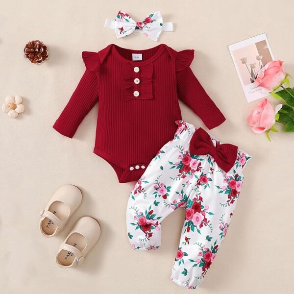 Baby Girl Clothes Newborn Infant Long Sleeve Ruffle Romper Floral Pants Outfit Set for 0-18 Months