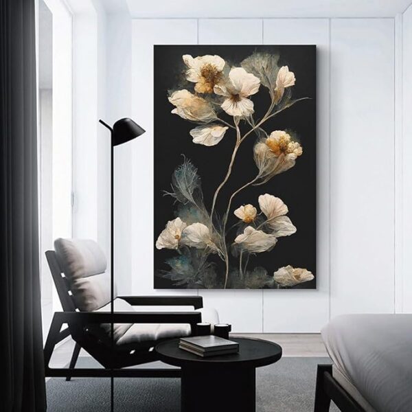 Gold Flowers Painting Poster on Black Background - Image 3