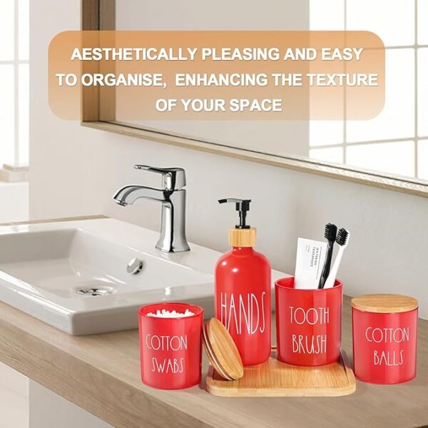 -12% limeted time;-Red Bathroom Accessories Set, 5 Pcs Glass Bathroom Decor with Bamboo Tray - Image 2