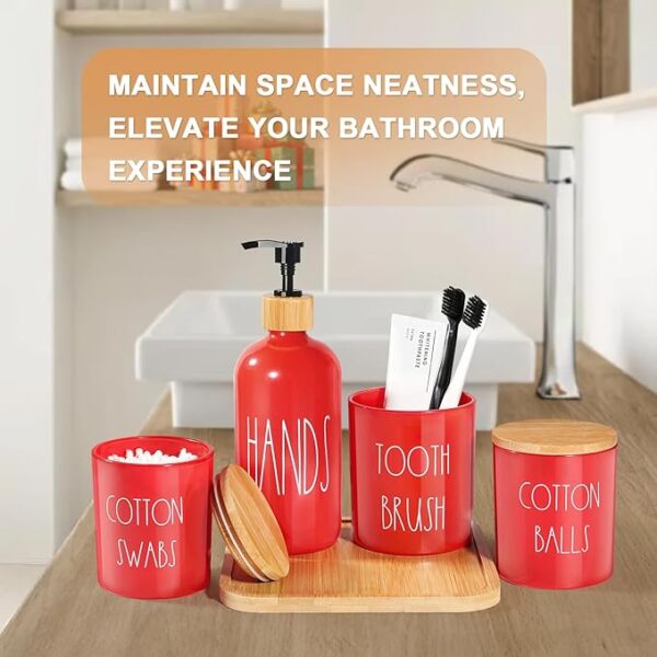 -12% limeted time;-Red Bathroom Accessories Set, 5 Pcs Glass Bathroom Decor with Bamboo Tray