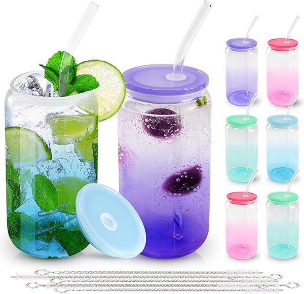 -14%limeted time}Save 5% on 2 select item(s);-Joyclub 16oz Glass Cups with Acrylic Lids and Straws 8 Set Can Shaped Glass Iced Coffee Cups with Lids,