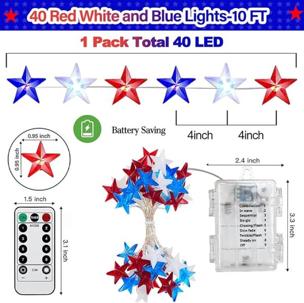 40 LED Red White and Blue lights,10FT 4th of July Lights Patriotic Lights Battery Operated 8 Lighting Modes Remote Timer - Image 2