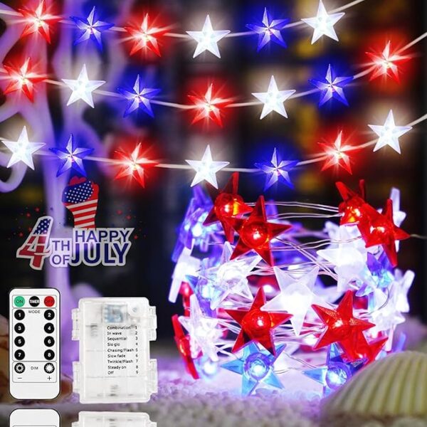 40 LED Red White and Blue lights,10FT 4th of July Lights Patriotic Lights Battery Operated 8 Lighting Modes Remote Timer - Image 4