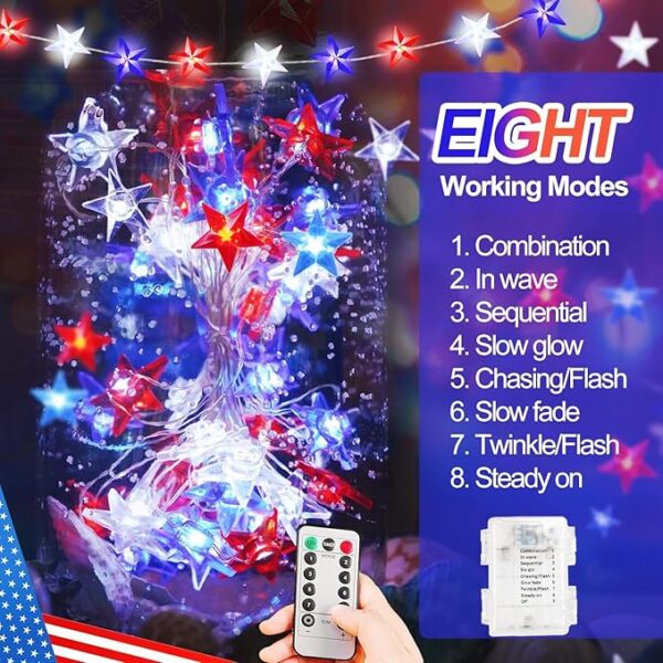 40 LED Red White and Blue lights,10FT 4th of July Lights Patriotic Lights Battery Operated 8 Lighting Modes Remote Timer