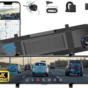-6% limeted time+Coupon: Apply $5 coupon;-4K Mirror Dash Cam with IMX415, 12 Inch Smart Rear View Mirror Camera with WiFi, ADAS, BSD, GPS, G-Sensor, Full HD Touch Screen,