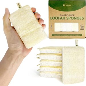 Natural Loofah Sponges for Dishes Pack of 6 - Compostable Loofah and Cellulose Kitchen Sponges