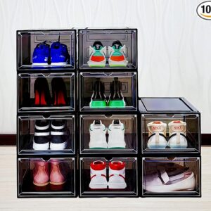 10 Pack Black Shoe Storage Boxes Stackable, Plastic Shoe Boxes with Lids, Sneaker Storage, Transparent, Thick Hard,