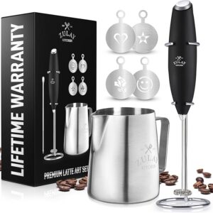-6% limeted time deal;-Zulay Kitchen Premium Gift Milk Frother Complete Set - Handheld Foam Maker, Stencils & Frothing Pitcher Set - Whisk Drink Mixer for Coffee -
