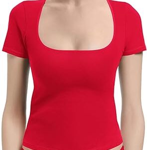 Scoop Neck Short Sleeve T Shirts for Women Fitted Going Out Tops Y2k Slim Basic Tees