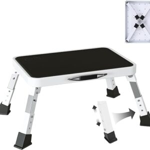 -5%limted time deals;-RV Step Stool Foldable Adjustable Height Sturdy Metal Stable Step Ladder with a Non-Slip Platform Camper Step Stool with Non-Slip Rubber Feet, Easy to Carry (White)