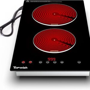 Coupon:     Apply $20 coupon/;-Save 5% on 2 select item(s)/'-Electric Cooktop, TOPWISH 12 Inch Electric Stove Top Built-in, 110V-120V Plug-in 2 Burner Ceramic Cook top Stove with Touch Control, Timer, Child Lock,