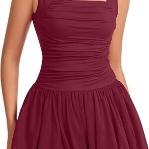 Summer Dresses for Women 2025 Casual Sleeveless Square Neck Bubble Ruched Tank Mini Short Dress with Pockets