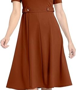 London Times Women's Knit Eyelet Short Sleeve Crepe Inset Waist Midi with Button Detail