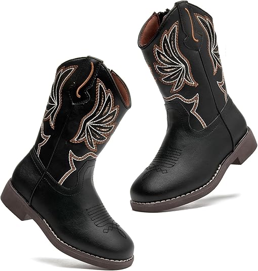 DADAWEN Kids Cowboy Boots for Boys Girls Glitter Embroidered Western Square Toe Cowgirl Boots