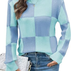 -23% +Up to 10% off if you qualify ;-EVALESS Sweaters for Women Crewneck Long Sleeve Color Block Casual Knit Tops 2025 Fall Fashion Checkered Pullover Sweater