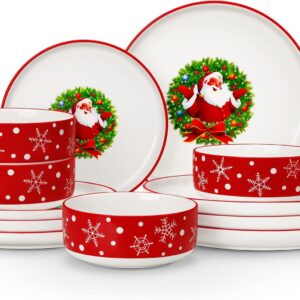 MALACASA Plates and Bowls Sets, 12 Pieces Christmas Porcelain Dinnerware Set for 4, Ceramic Dishware Dishes Kitchen Dinner Dining Ware Set,