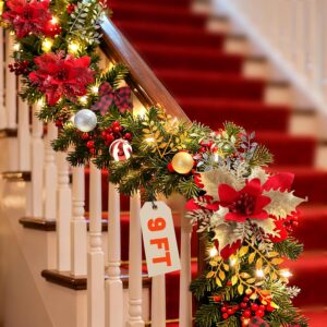 Coupon:     Apply 5% coupon ;-9 Ft Pre-Lit Christmas Garland, Christmas Garland with Lights, 50 LEDs Warm White Tree Lights 8 Modes Timer Christmas Decoration for Mantle Fireplace Stairs Indoor Outside Garland Xmas Decorations